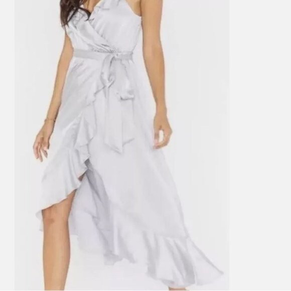 SHOW ME YOUR MUMU Samantha Ruffle Wrap Dress Bridal Silver Luxe Satin Size Small - Picture 3 of 4